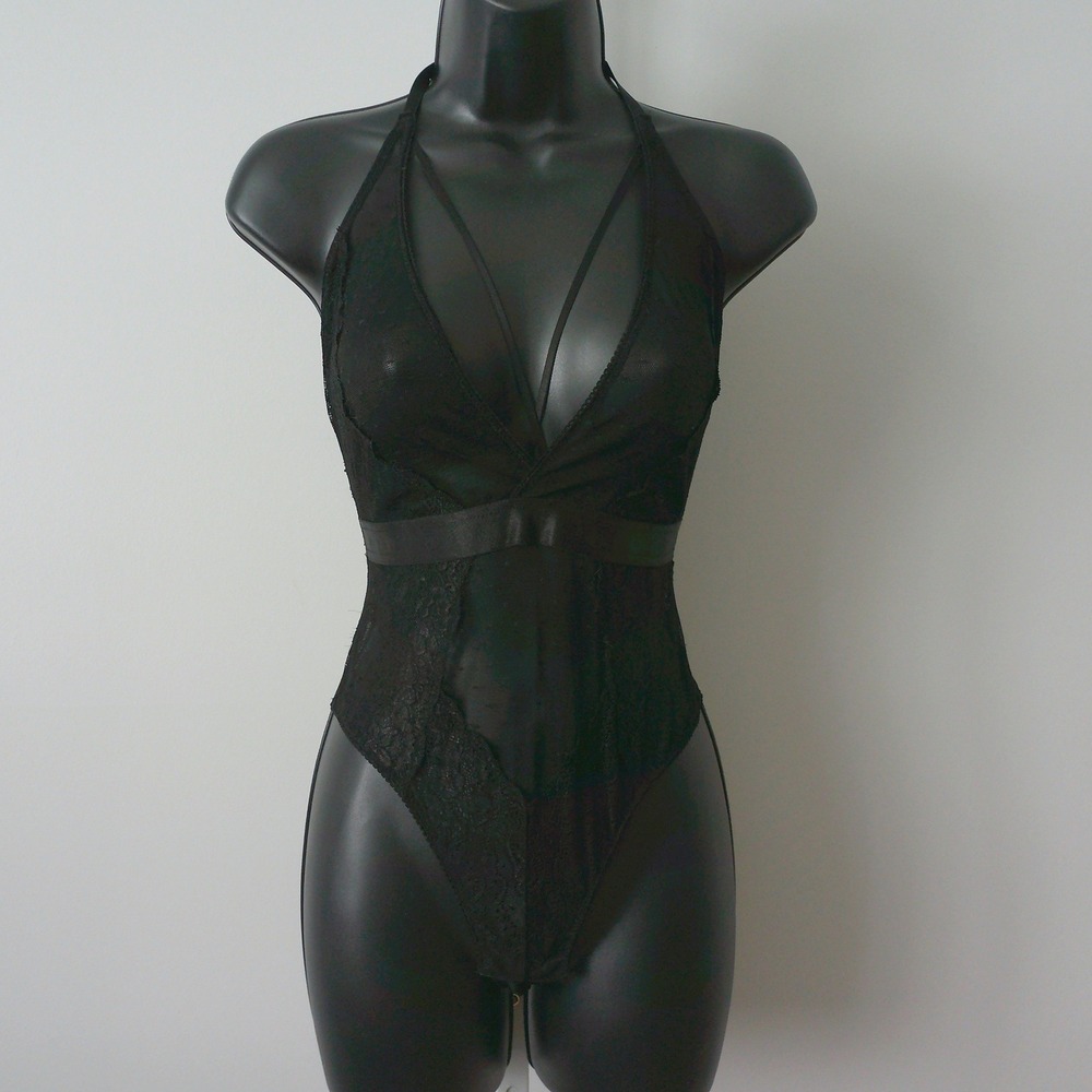 BodyRage Witchy MobWife Goth Dark Romance Sheer Lace Halter Bodysuit S/M Black